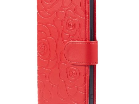 iPhone 15 Læder Cover m. Pung og Strop - Kamelia Blomst - Rød Online Hot Sale